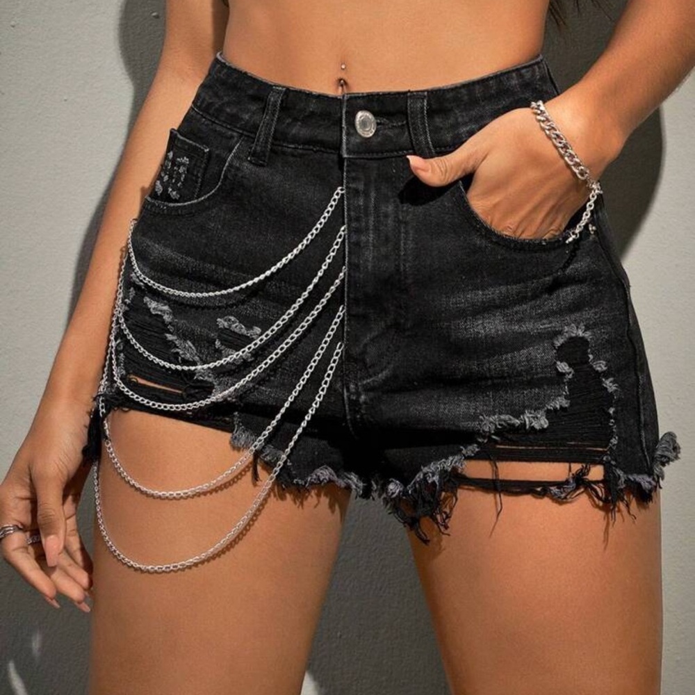 Black Denim Chain-Embellished Women's Shorts